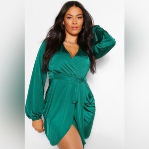 Boohoo Plus Size Emerald Green Slinky Faux-Wrap Long Sleeve Mini Dress Sz 24